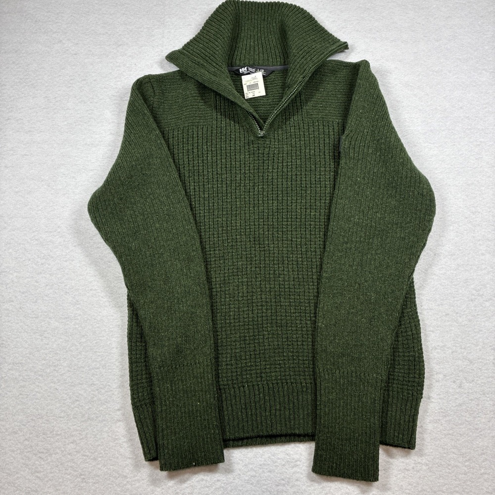 NWT Helly Hansen 100% Lambs Wool‎ Sweater Green Ribbed 1/4 Zip Mens Size Large